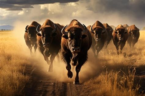 Premium AI Image | a herd of buffalo is running in the desert.