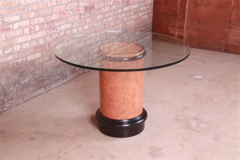 Karl Springer Style Modern Burl Wood Glass Top Pedestal Dining or Center Table For Sale at 1stDibs