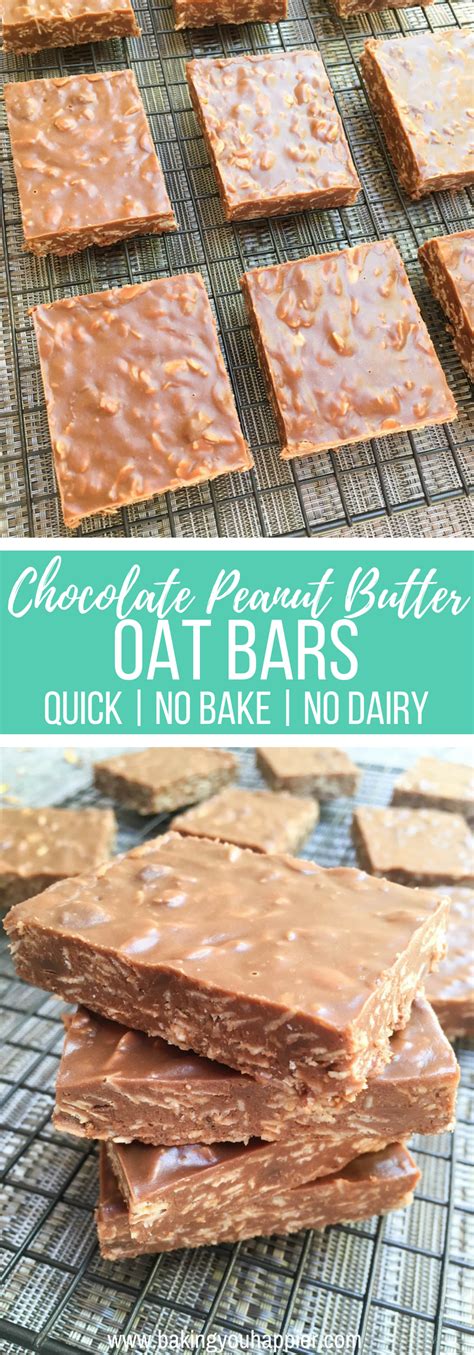 chocolate peanut butter oat bars are stacked on top of each other, with the text overlay