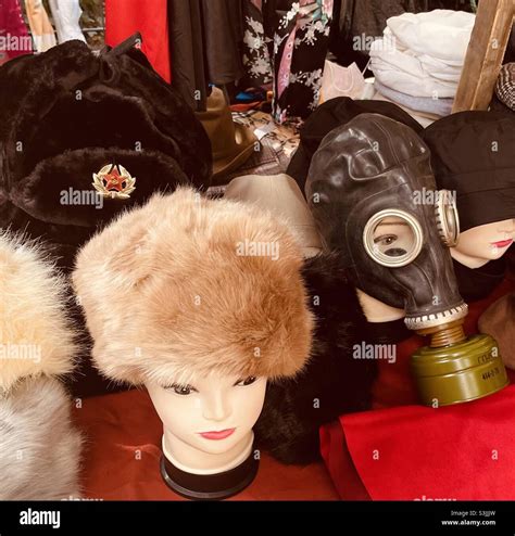 Collectible is German for hats, military hats, leather gas mask Stock Photo - Alamy