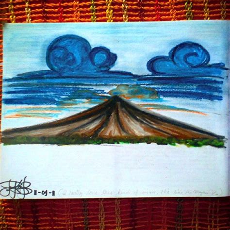 a drawing of a volcano with clouds in the sky