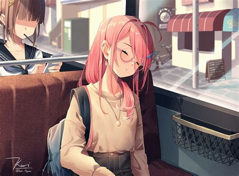 Cute Anime Girl, Megane, Pink Hair, Sleeping, Bus Trip, Glasses, anime sleep HD wallpaper | Pxfuel