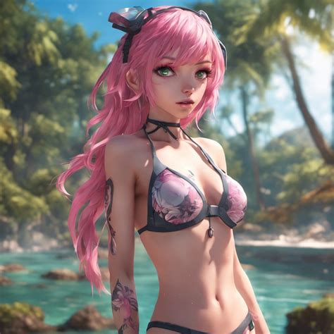 Anime Girl with green eyes pink hair in a bikini. - AI Generated ...