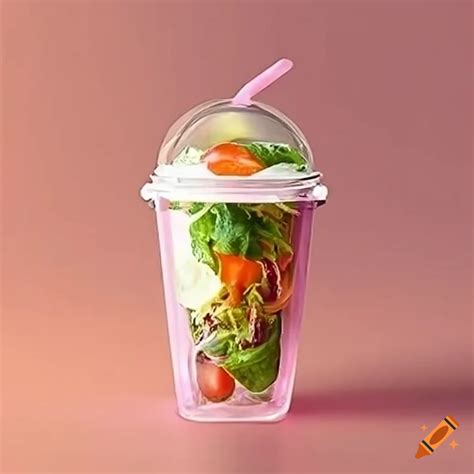 Clear plastic cup with shake your salad written on it, with a box of salad dressing inside on ...