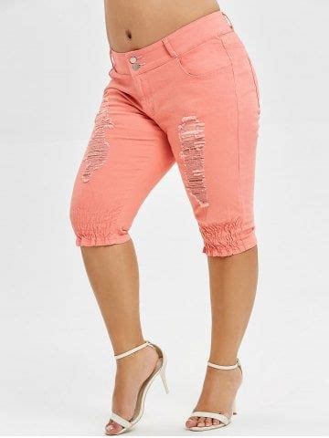 Plus Size Ripped Knee Length Jeans - ORANGE PINK - L Knee Cut Jeans ...