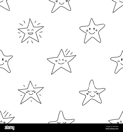 Black and white seamless pattern with doodle outline happy stars Stock