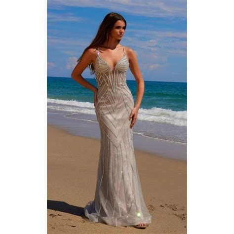 Women's Nox Anabel C1632 Long Glitter Lace Prom 2026 Dress Silver