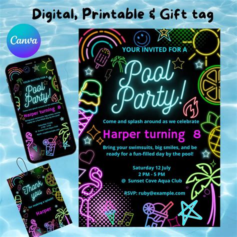 Neon Pool Party Invite Black, Pool Party Invitation for Girls and Boys