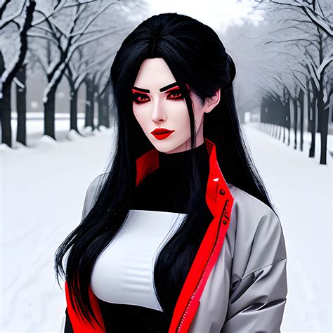 An anime girl, black long messy hair, red eyes, black eyeshadow