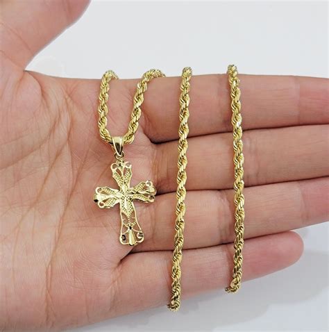 Real 10k Yellow Gold Rope Chain Cross Charm Pendant SET 3mm Necklace 1