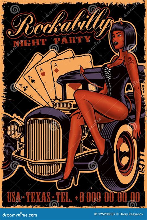 Vintage Poster with Girl Devil on the Classic Car. Stock Vector ...