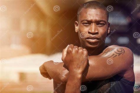 Fitness, Portrait and Man Stretching Arms Outdoor for Running, Workout