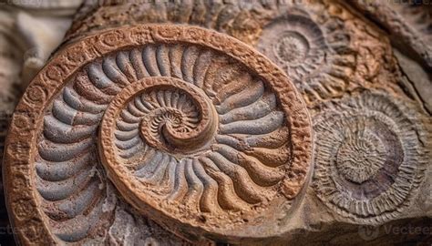 Ancient animal markings on spiral ammonite, a prehistoric fossil