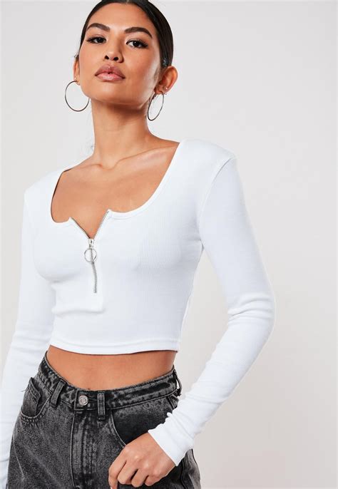 White Long Sleeve Scoop Neck Zip Front Rib Crop Top | Missguided | Long