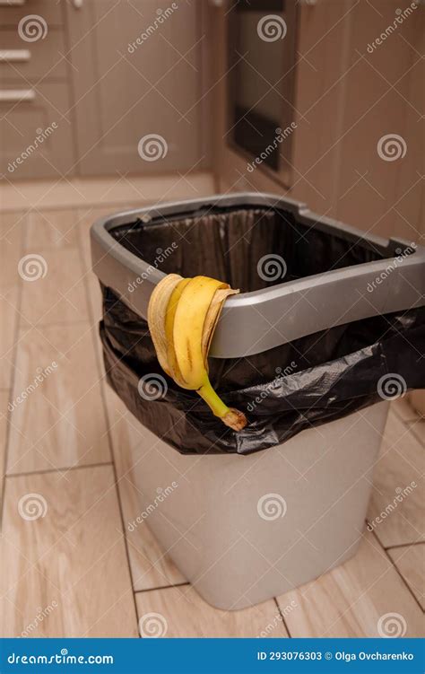 Banana peel in a trash bin stock image. Image of food - 293076303