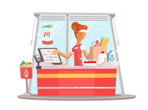 Кассир девушки в супермаркете бакалеи продукты тележки полные Банкомат ...
