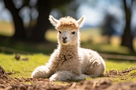 premium ai image  baby llama laying   ground   grass