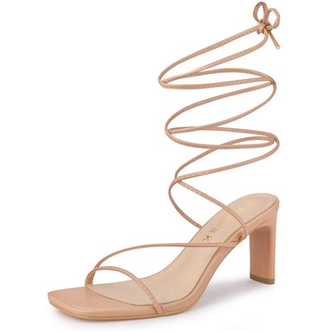 Women's Lace Up Strappy Block High Heel Sandals, Nude / 11