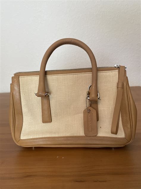 Coach Bonnie Legacy Satchel Camel Leather Linen Handb… - Gem