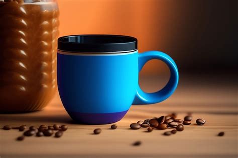 premium photo  blue mug   blue label   coffee beans