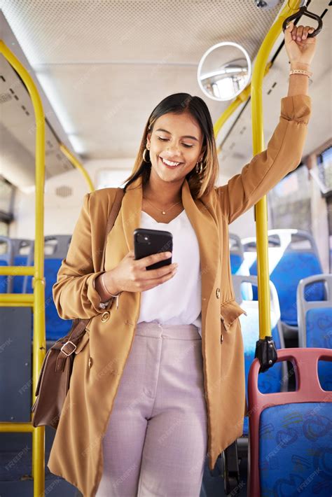 Premium Photo | Bus happy woman and phone with public transport social media scroll and smile