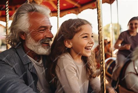 Familia y abuelos riéndose mientras montan en un viejo carrusel al