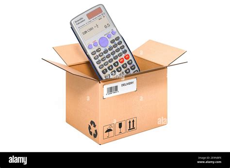 Scientific calculator inside cardboard box, delivery concept. 3D ...