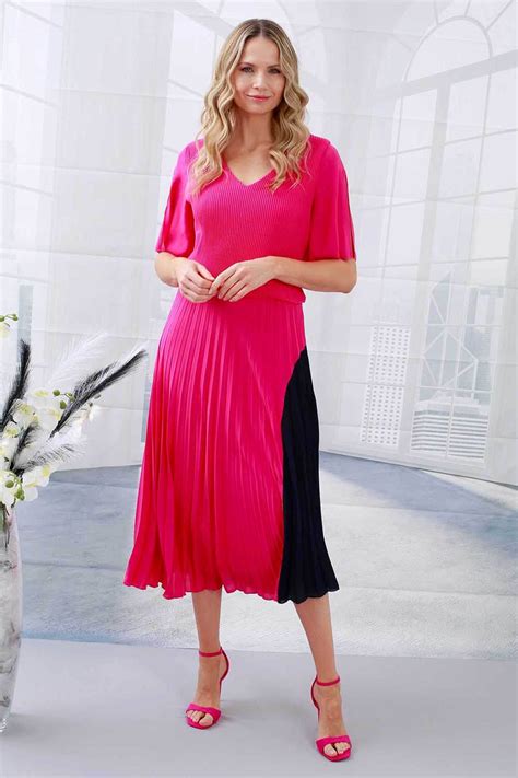 Cerise Julianna Colour Block Pleated Midi Dress | Roman UK