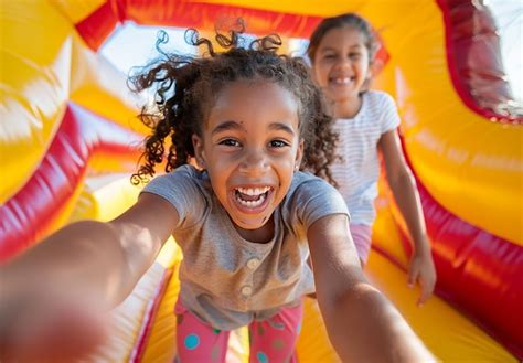 Photo portrait of cute little children playing at outdoor playground ...