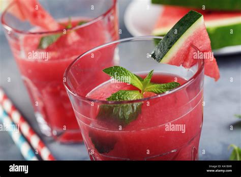 freshly  watermelon juice  mint closeup stock photo alamy