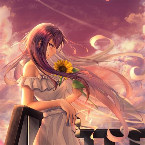 Anime girl Wallpaper 4K, Happy Mood, Sunflower, Alone, 5K