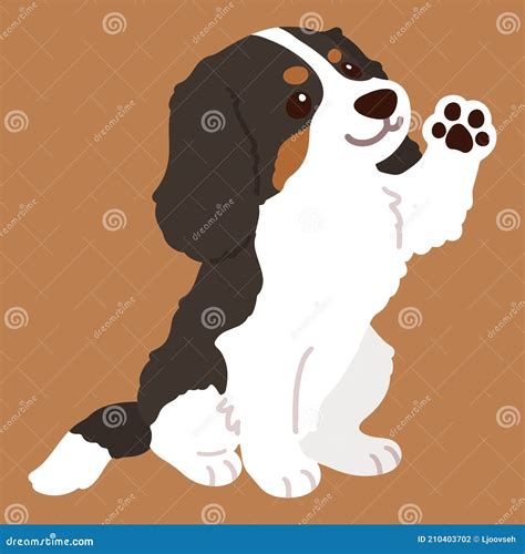 Flat Colored Tricolor Cavalier King Charles Spaniel Sitting Waving Hand Stock Vector