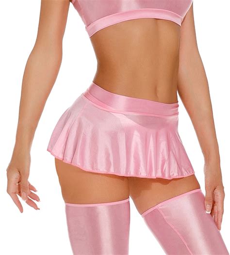 Women Low Rise Glossy Skirt Solid Color Oil Pleated Mini Skirts Shiny A