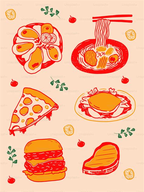 Various food items are illustrated in an artistic arrangement. vector