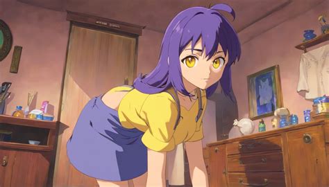 anime girl   yellow shirt  blue skirt bending  seaart ai