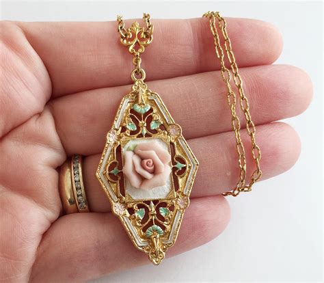 vintage porcelain pink rose flower pendant necklace   hollee