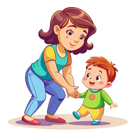 A happy mom helps her toddler son to take his first steps | Premium AI