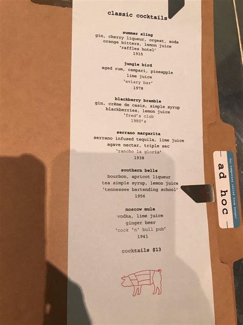 Menu at Ad Hoc restaurant, Yountville, Washington St