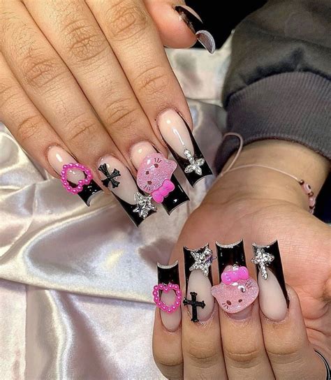 hello kitty black french tips acrylic nails | French tip acrylic nails ...