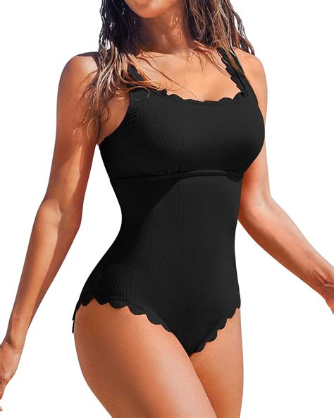 Charmo Womens Scalloped Ribbed One Piece Swimsuits Retro Square Neck