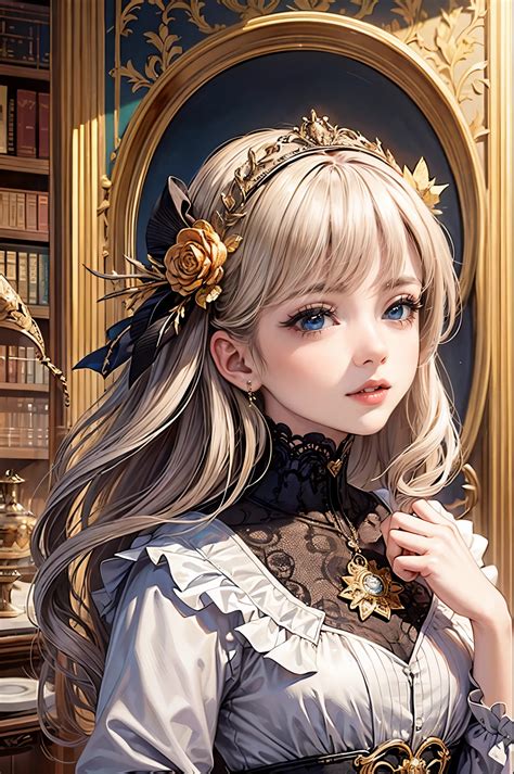 Anime girl with long blonde hair and blue eyes in a library - SeaArt AI