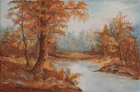 Pejzaż jesienny nad wodą, 30x20cm | Obrazy olejne - sprzedaż, malowanie ...