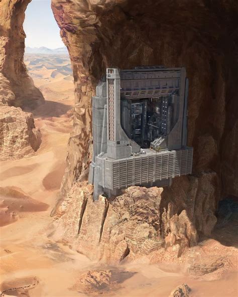 Desert Base Concept Art: Futuristic Computer Tower in Mountain Landscape