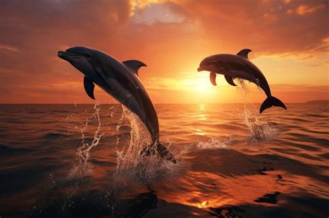 Premium AI Image | Dolphins jumping at sunset