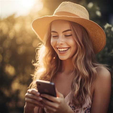 Premium AI Image | Pretty Summer Girl Smiling with a Smartphone