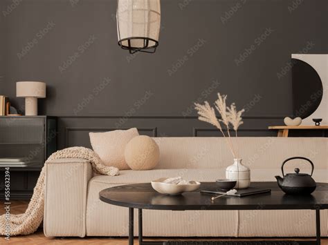 Asthetic composition of living room interior with mock up poster frame ...