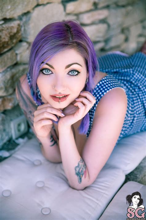 Nayru Suicide, women, brunette, inked girls, chubby, purple hair, blue