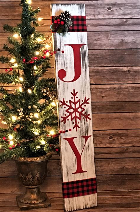 Rustic Joy Sign, Christmas Porch Sign, Buffalo Plaid Porch Sitter