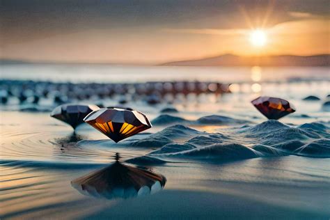 a group of diamonds on the beach at sunset. AI-Generated 32239085 Stock