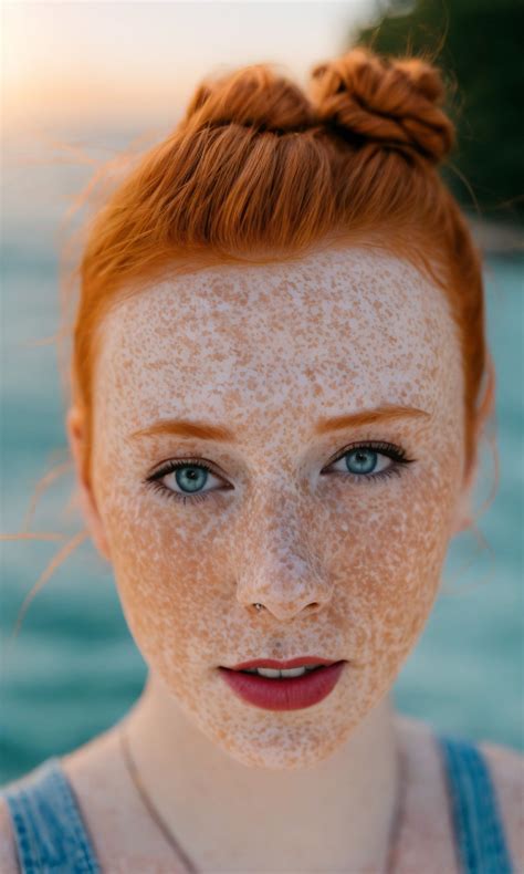 A Woman With Freckled Hair And Blue Eyes Looks At The Camera
